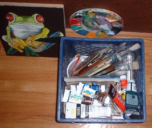 box of colors and frog painting