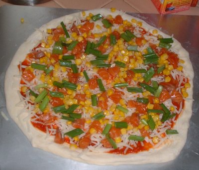 Salmon, corn and green onion pizza by mrs. m.