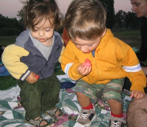 Sean and Dimitri going for more watermelon